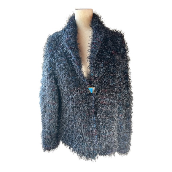 Sweaters - Handmade Shag Eyelash Mixed Yarn Cardigan Women L Multi Shimmer Jewel Button